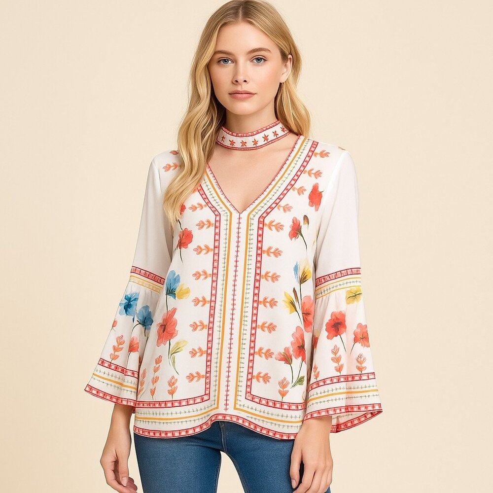 ☀️Sale Jealous Tomato Boho Floral Bell Sleeve Choker Blouse White Multicolor M